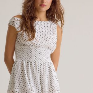 Women’s Ivory Polka Dot Off Shoulder Romper – Flowy Layered Summer Romper (4)