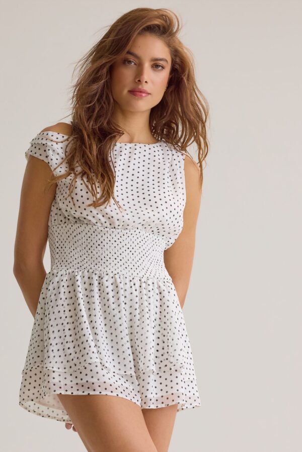 Women’s Ivory Polka Dot Off Shoulder Romper – Flowy Layered Summer Romper (4)