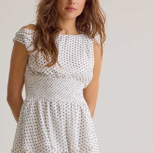 Women’s Ivory Polka Dot Off Shoulder Romper – Flowy Layered Summer Romper (4)